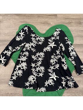 Sig Zane Fighting Eel Hawaii Womens Medium Black Mapu Print 3/4 Sleeve Top Blous